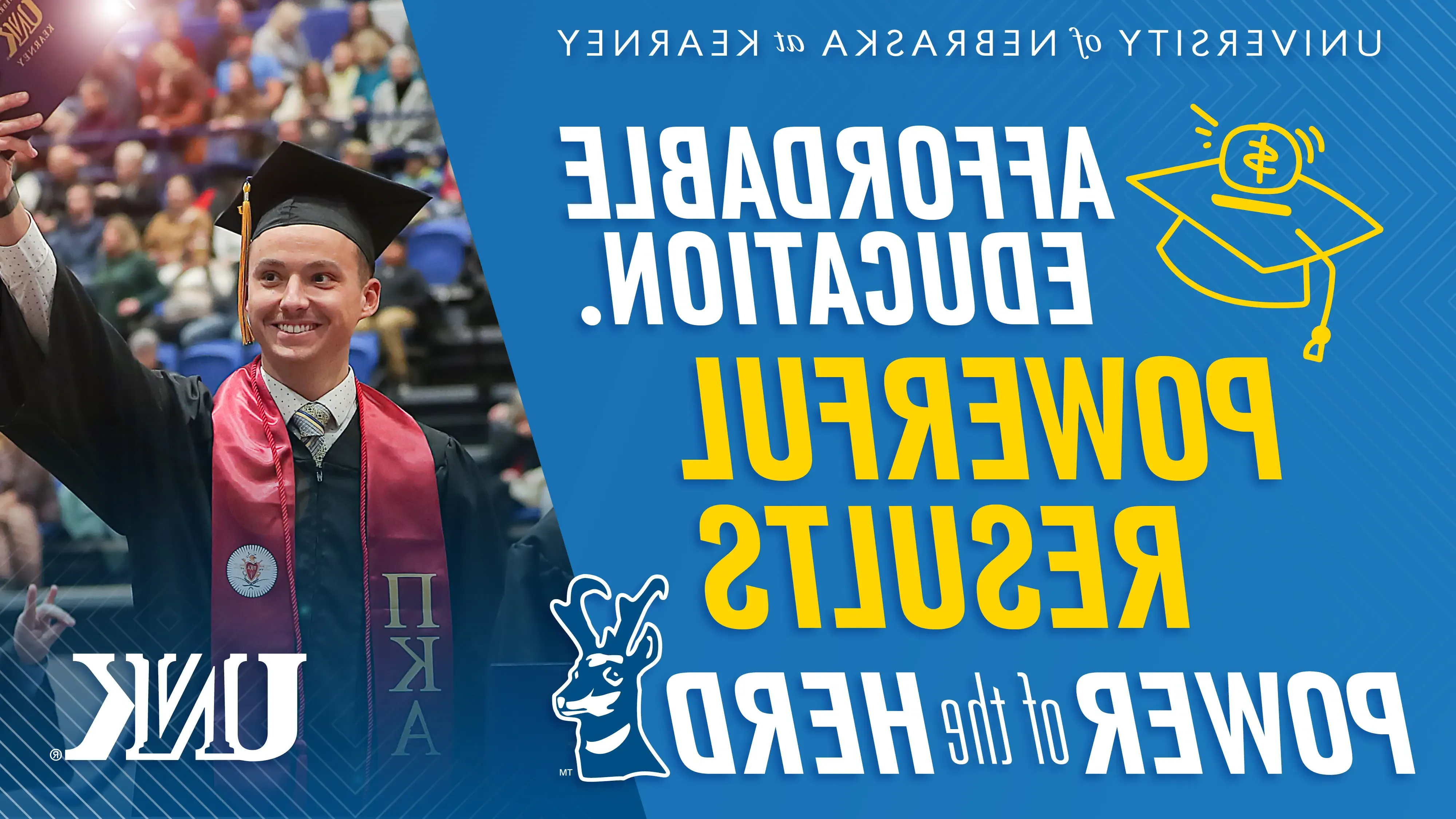 advertisement sample showing a man graduating with the words affordable education powerful results power of the herd